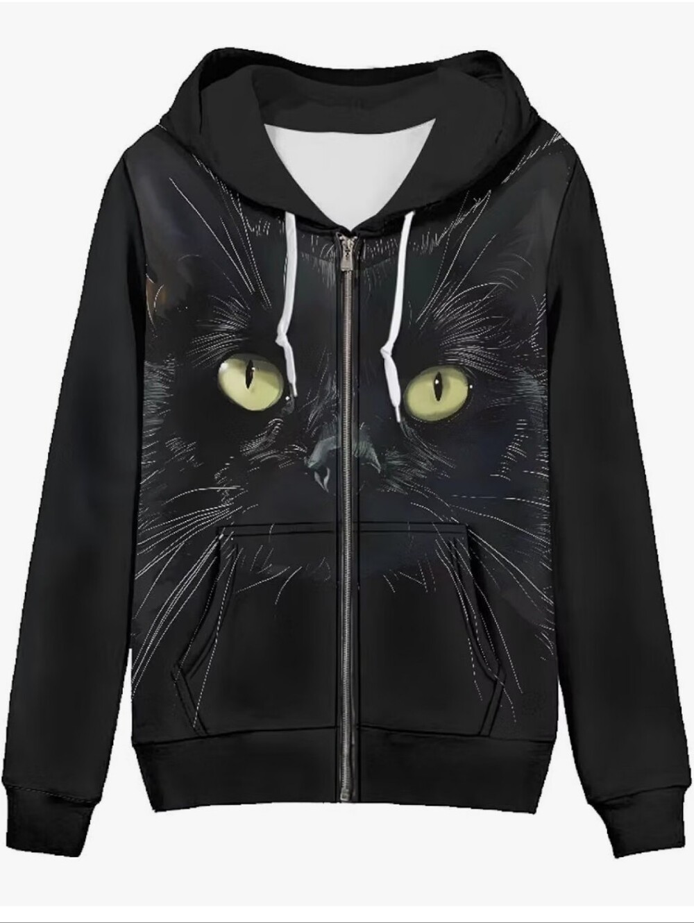 Black Cat Print Zip-Up Hoodie with Yellow Eyes - Unbranded